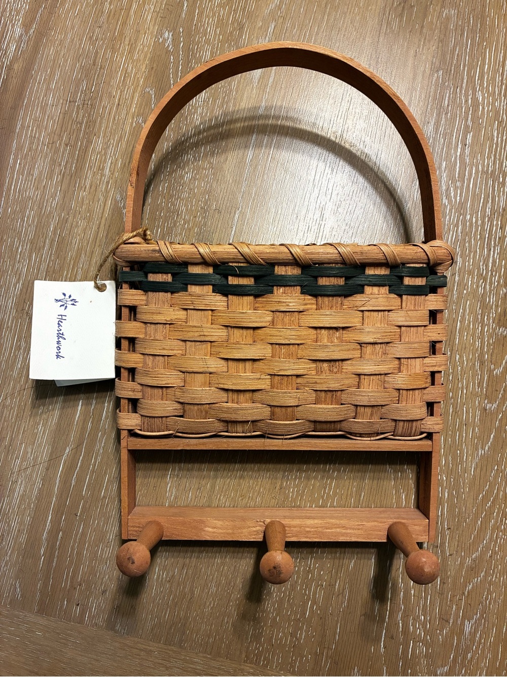 Vintage Woven Handmade Wood Wall Basket with Hooks - Natural & Dark Green Accent